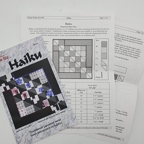 HAIKU Japanese Poetry QUILT Sewing Pattern by Diane Weber Sew Biz 3 Sizes - Picture 3 of 3